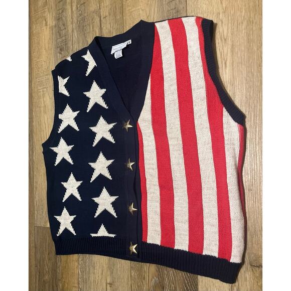 VTG Sweater Loft Sleeveless Knit Cardigan Sweater Vest USA Flag Star Stripe XL - Picture 3 of 9